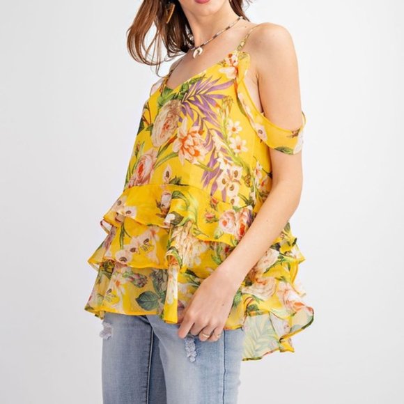 Easel Sunflower Cold Shoulder Print Top S NWT - Picture 5 of 5